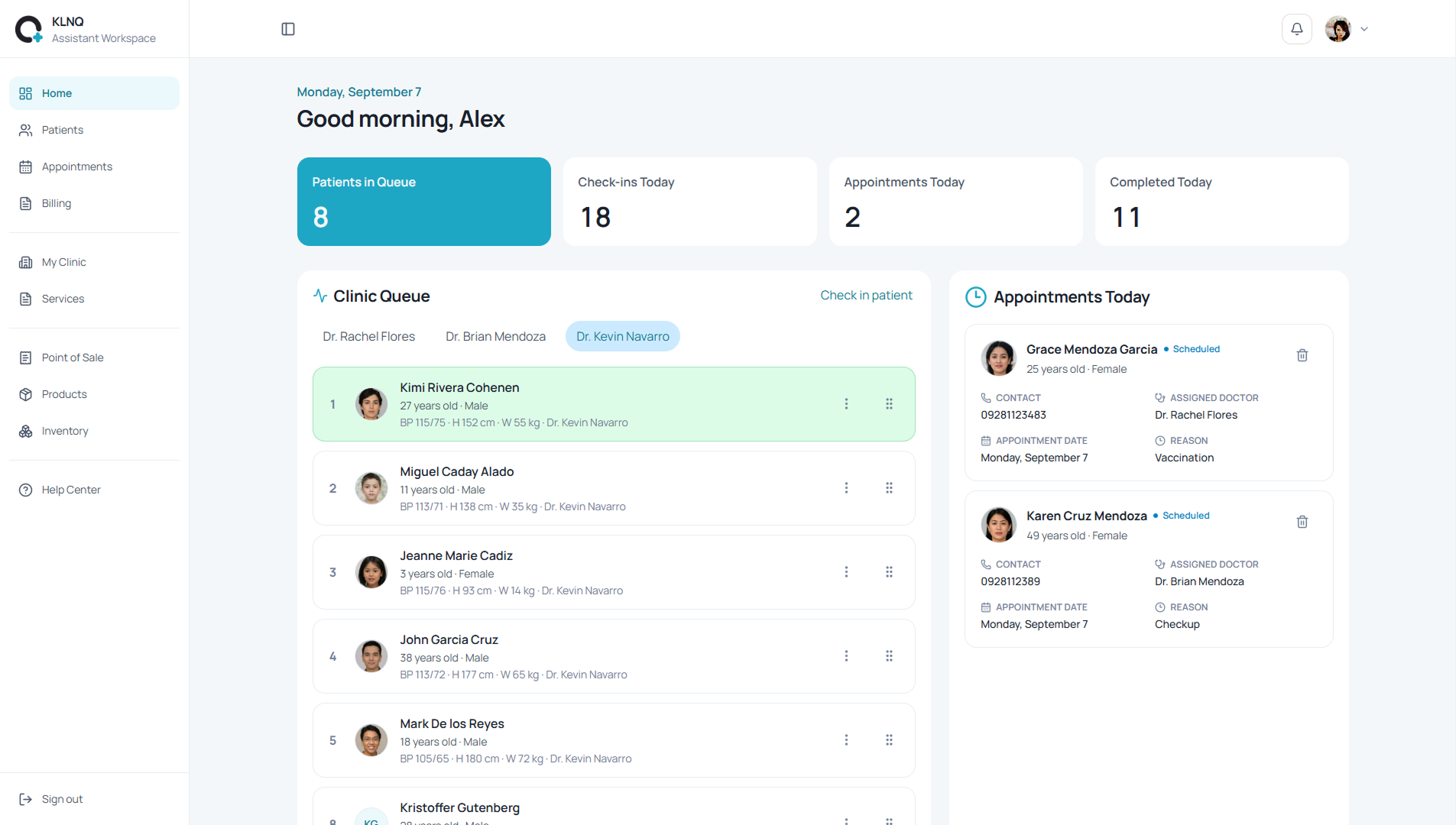 KLNQ clinic dashboard showing the day’s queue and appointments